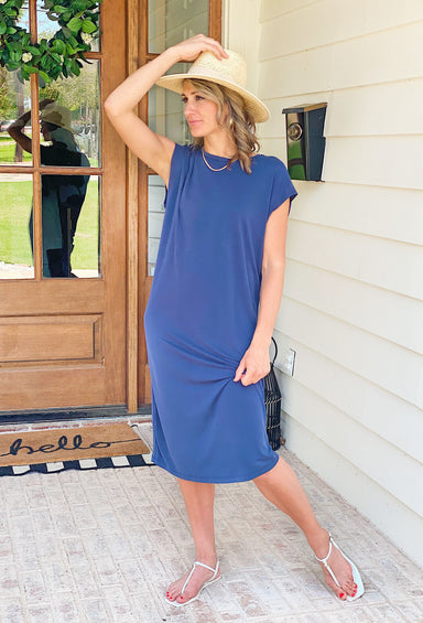 Lucy Midi Dress, Navy blue midi dress with short sleeves, very soft and cooling material