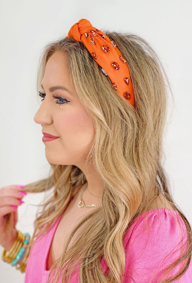 Macey Rhinestone Headband in Orange, Headband with big rhinestones the same color