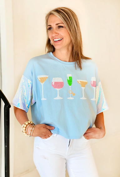 Made To Party Sequin Top, blue top with sequin sleeves