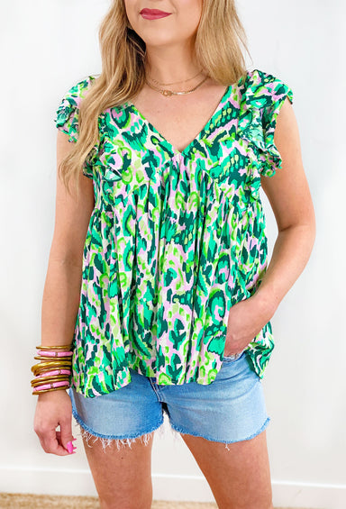 Making me Blush Top, green and pink abstract print with subtle leopard print and ruffled sleeves