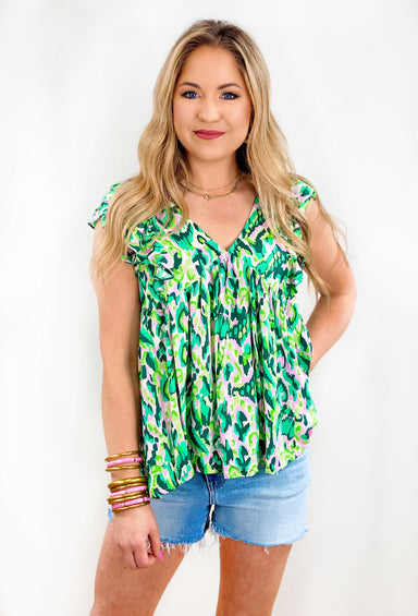 Making me Blush Top, green and pink abstract print with subtle leopard print and ruffled sleeves