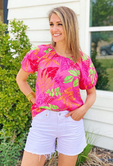 Malibu Kisses Blouse, hot pink blouse with puff sleeves and floral pattern