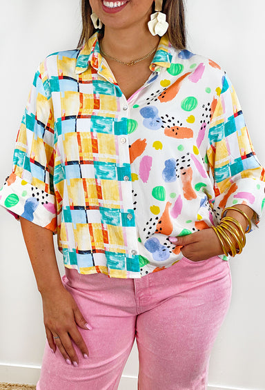 Malibu Moments Button Up Top, button up top with different patterns covering the shirt