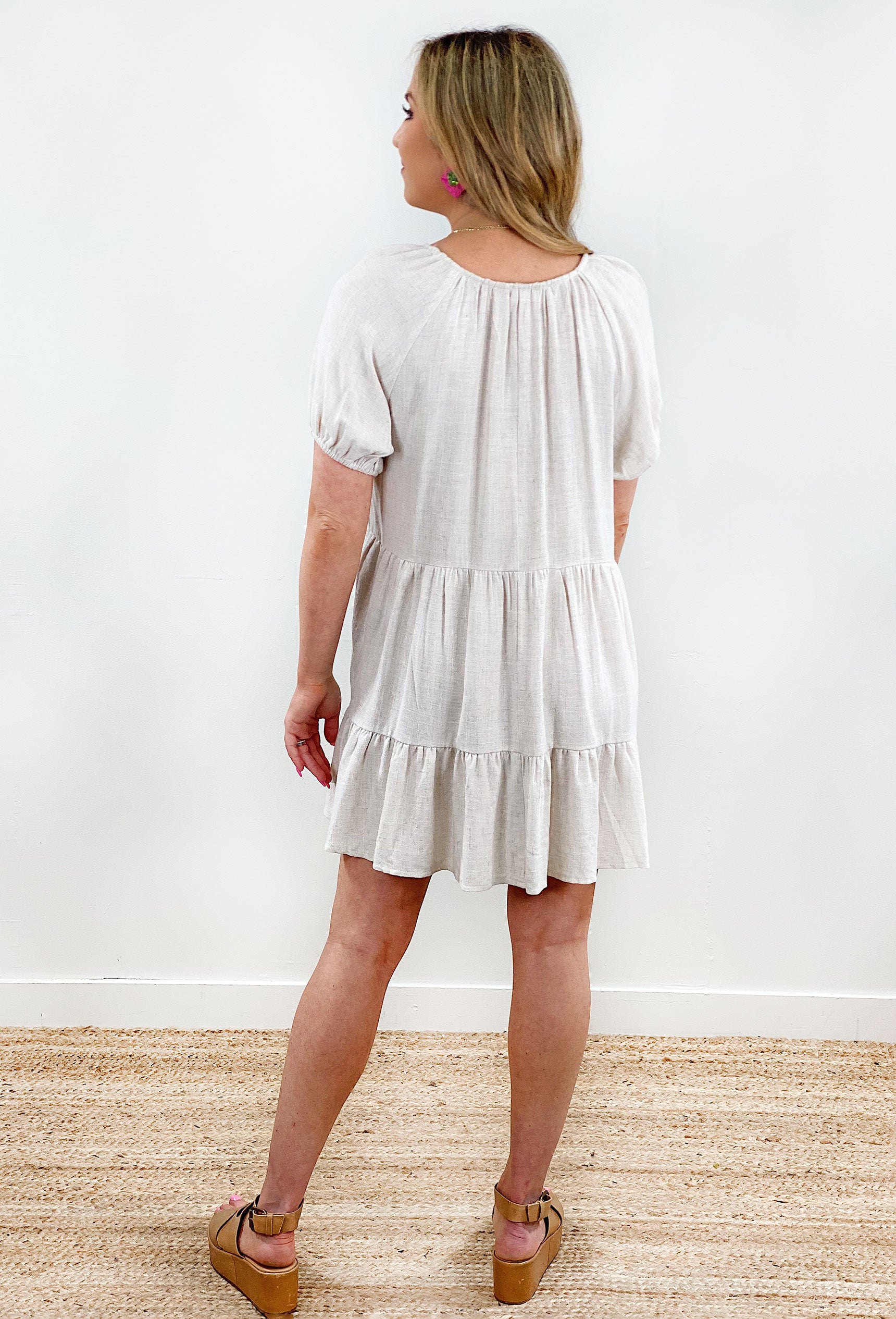 Mornings In Mexico Dress in Oatmeal, Oatmeal colored mini dress with a babydoll effect, Elastic sleeves and a V neckline