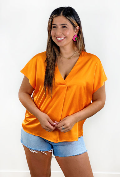 Nicole Blouse in Sunkist, orange silk short sleeve, v-neck blouse