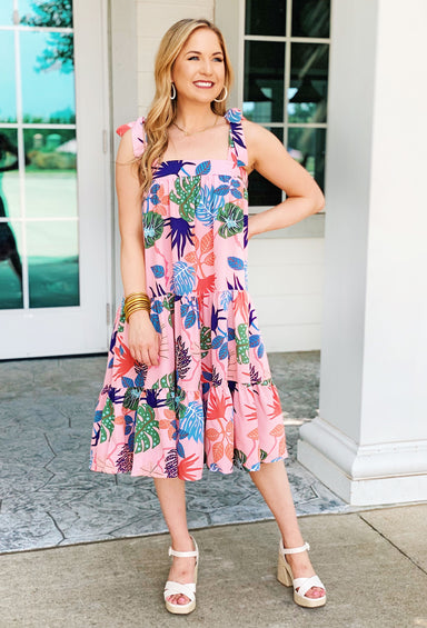 Nights By The Sea Dress, Pink dress featuring a colorful palm leaf print design, Tie straps