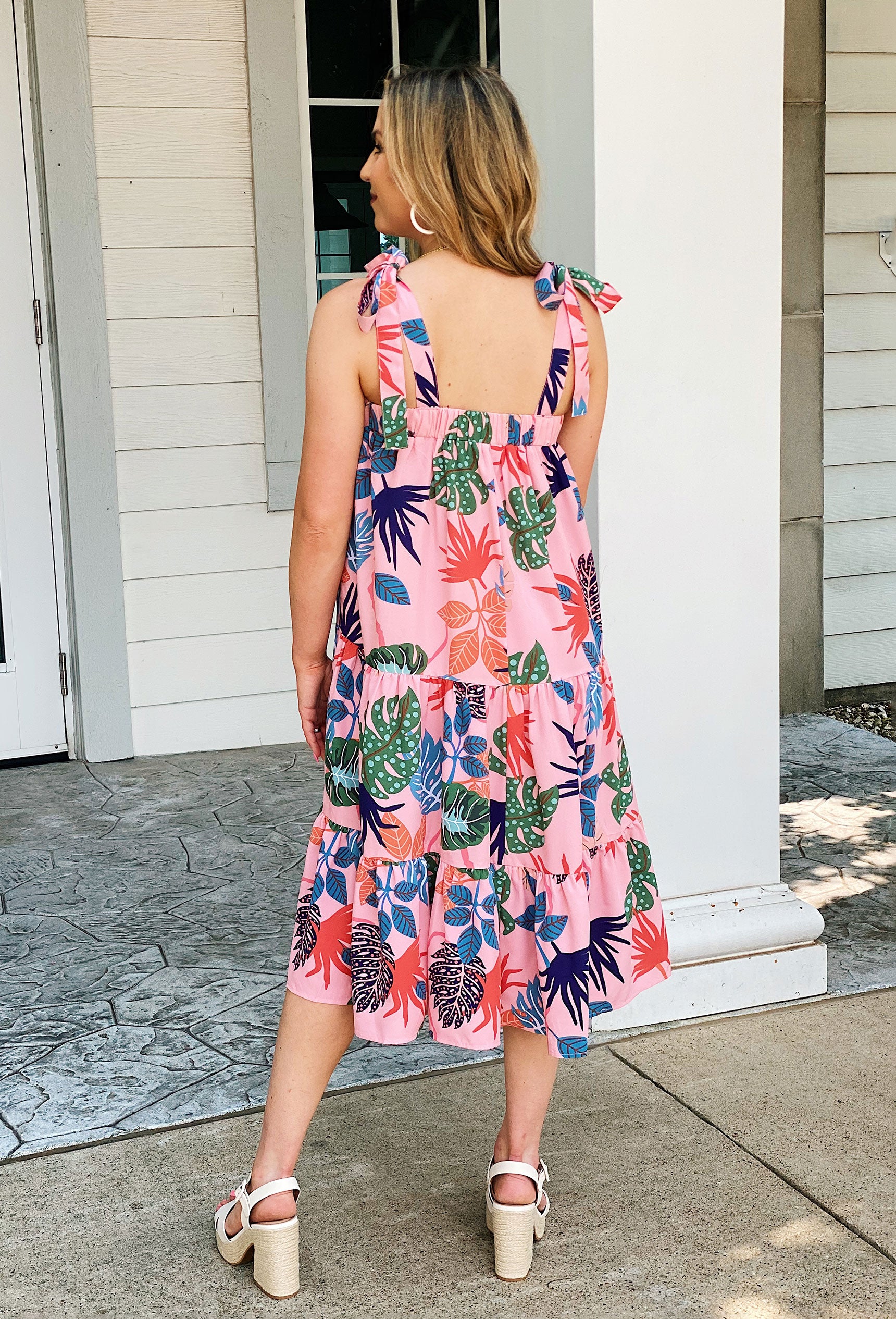 Nights By The Sea Dress, Pink dress featuring a colorful palm leaf print design, Tie straps