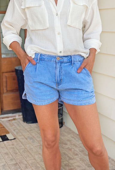 No Summer Blues Denim Shorts, light wash denim shorts