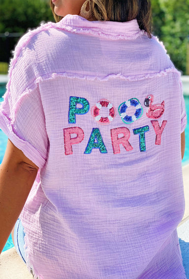 Pool Party Gauze Top, Light purple gauze, frayed hems and edges, and a fun sequin “Pool Party” on the back