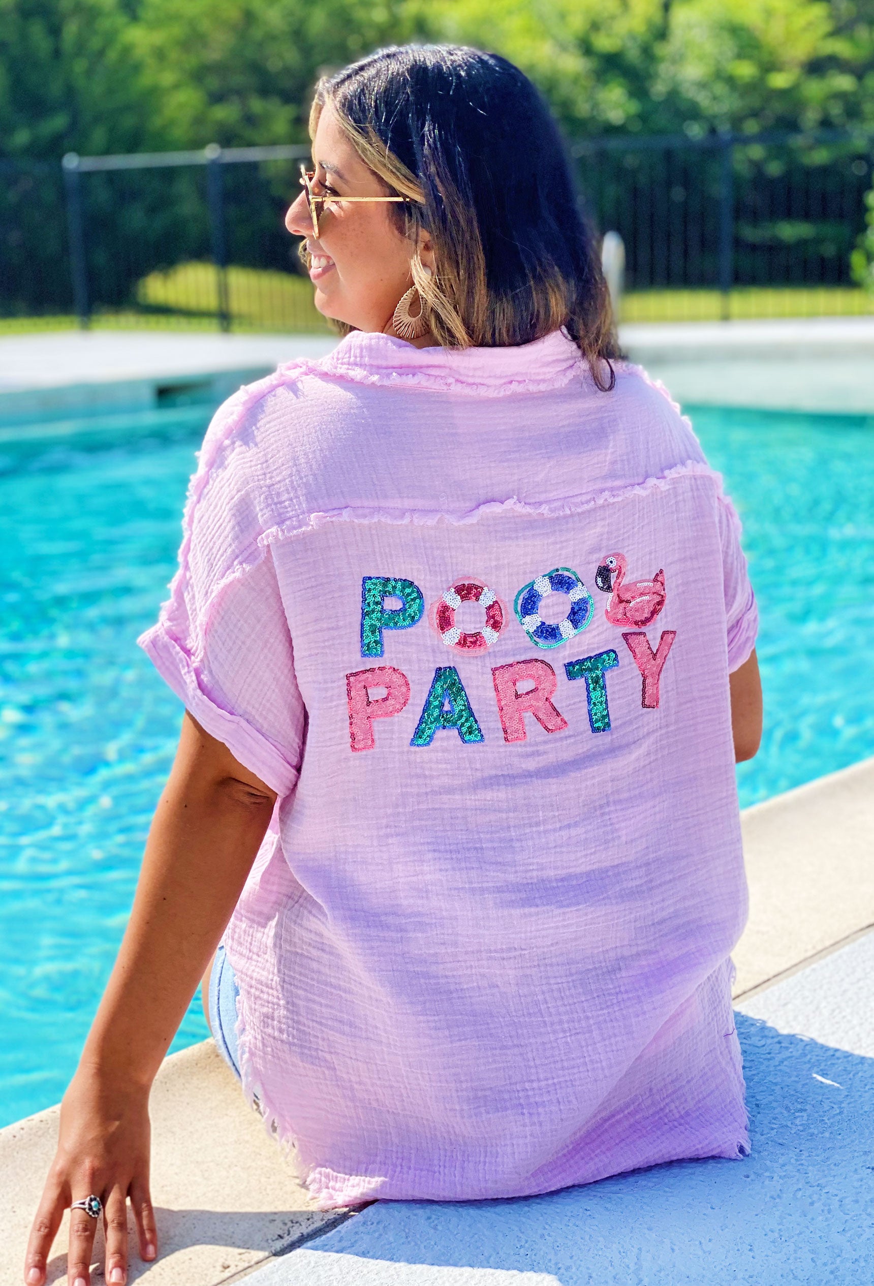 Pool Party Gauze Top, Light purple gauze, frayed hems and edges, and a fun sequin “Pool Party” on the back