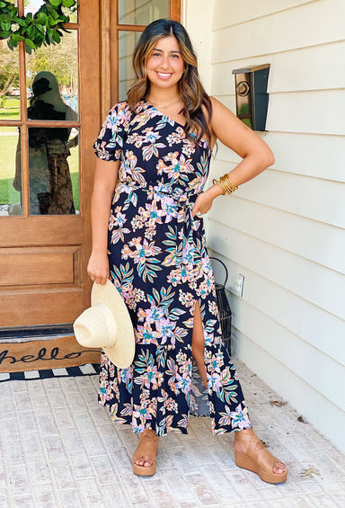 Really Dreamy Floral Midi Dress, one-shoulder dress featuring a stunning floral print, a flattering midi length and a subtle slit detail