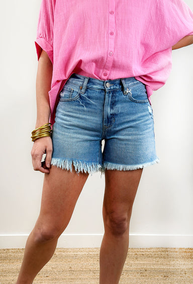 Remi Denim Shorts by Dear John, medium washed denim shorts, distressing at bottom 