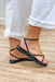 Scoter Black Sandals, black strappy flat sandals, thin strappy black faux leather sandals with gold buckle detail