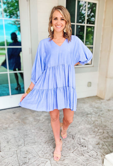 Seize The Day Dress in Chambray, blue tiers dress with v-neck detail
