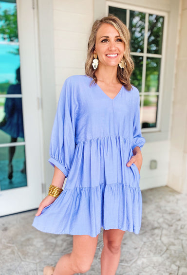Seize The Day Dress in Chambray, blue tiers dress with v-neck detail