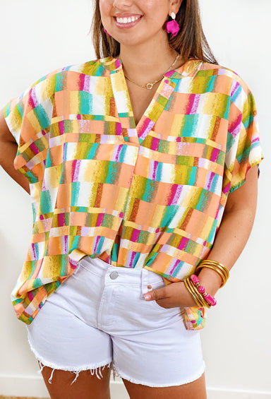 Shades of Summer Top, Colorful abstract print blouse, lightweight material featuring a V neckline