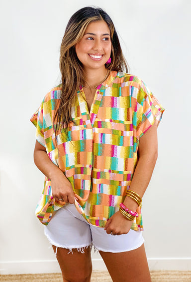 Shades of Summer Top, Colorful abstract print blouse, lightweight material featuring a V neckline