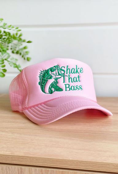 Charlie Southern: Shake That Bass Trucker Hat, pink trucker hat with "shake that bass" embroidered in green