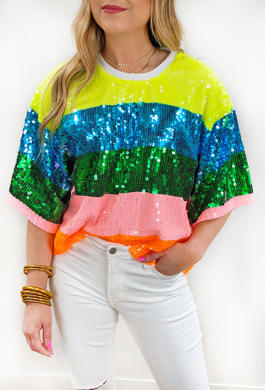 Sparkle Season Top, sequin striped color block short sleeve top