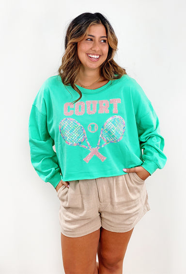 Sporty Girl Sequin Pullover, mint colored cropped pullover with sequin tennis rackets 