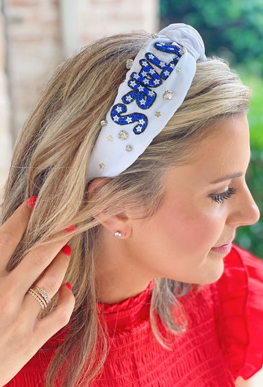 Stars & Stripes Headband, White headband featuring sassy red, white, and blue details, plus rhinestones and stars