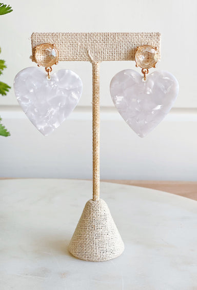 Stealing Hearts Earrings in White, white drop heart earrings