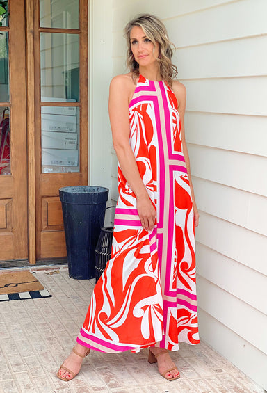 Summer Forever Maxi Dress, orange and pink abstract dress, halter neckline and open back