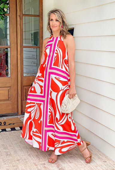 Summer Forever Maxi Dress, orange and pink abstract dress, halter neckline and open back