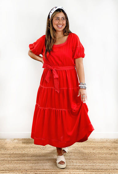 Summer Soiree Midi Dress. Red midi dress with tie around the waist. Put sleeves and tired detailing.