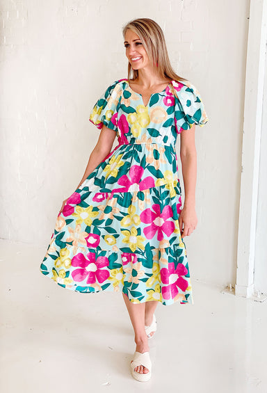 Sweet & Charming Floral Maxi Dress, mint colored tiered dress with floral design and puff sleeves