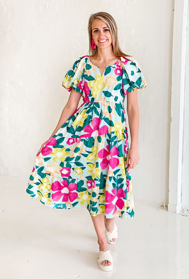 Sweet & Charming Floral Maxi Dress, mint colored tiered dress with floral design and puff sleeves