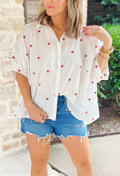 Star Spangles Button Up Top, White oversized button up top that features a small red embroidered star print