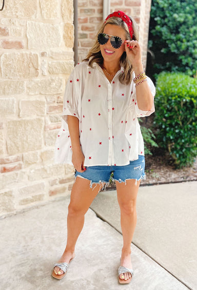 Star Spangles Button Up Top, White oversized button up top that features a small red embroidered star print