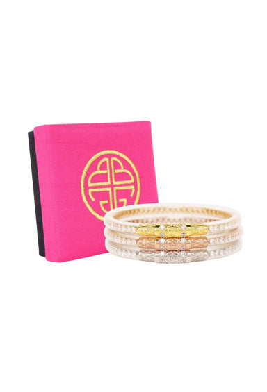 BUDHAGIRL Three Queens Bangles in Clear Crystal, set of three bangles, one gold, one silver snd one rose gold