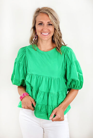 Total Upgrade Blouse in Green, Green tiered blouse, puff sleeves with tiered detailing