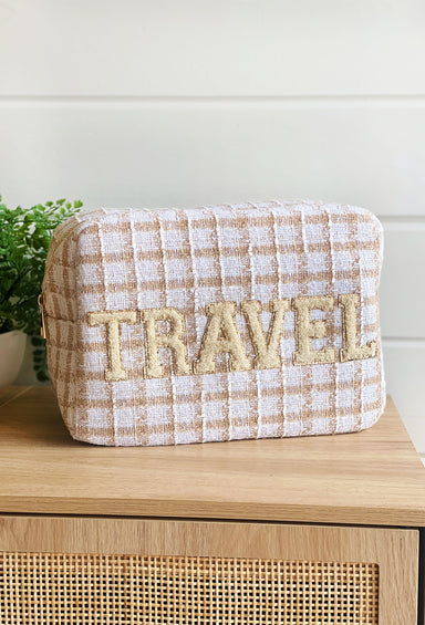 Travel Plaid Extra Large Cosmetic Bag, neutral plaid palette and fun textured embroidered patches that say "Travel" outlined in gold glitter