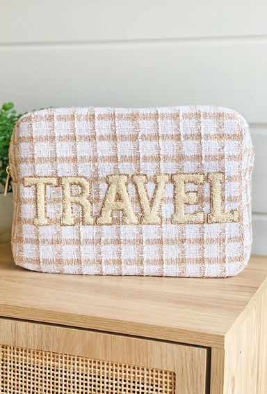 Travel Plaid Extra Large Cosmetic Bag, neutral plaid palette and fun textured embroidered patches that say "Travel" outlined in gold glitter