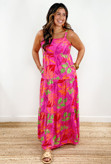 Tropic Of Discussion Maxi Dress, pink tiered maxi dress with orange and green floral print