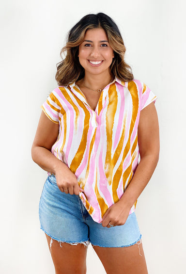 Wild Dreams Blouse, white v-neck blouse with orange and pink zebra design