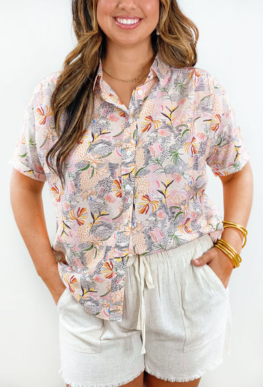 Wildest Dream Button Up Top, Collared button up top with a lightweight fabric and a subtle animal print spots and small colorful floral print