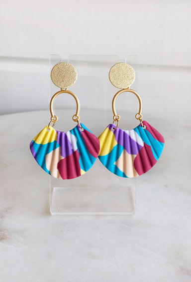 Across the Sea Earrings, drop rubber clay earrings, gold detailing, pink yellow purple and blue