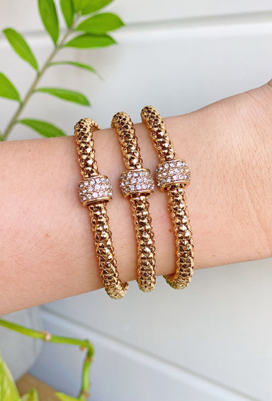 Alexa Bracelet Set in Gold, set of three bracelets, pull on styling with paved crystals 