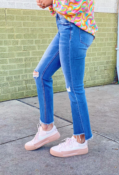 Alison Mid Rise Flare Denim by Vervet, dark wash denim, holes at the knees, flare at bottom