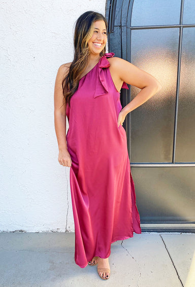 Amanda One Shoulder Dress in Burgundy, maxi dress, formal dress, one shoulder with self tie detail, slit on the side 