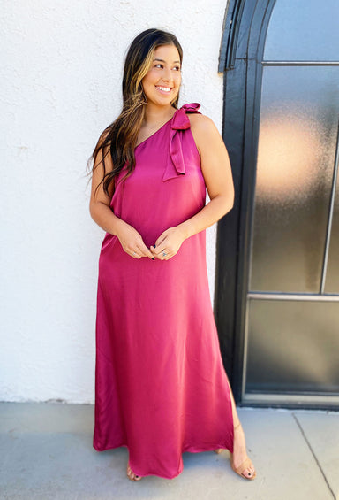 Amanda One Shoulder Dress in Burgundy, maxi dress, formal dress, one shoulder with self tie detail, slit on the side 