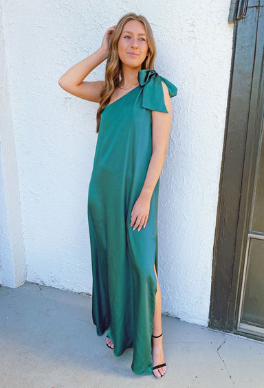 Amanda One Shoulder Dress in Emerald, maxi dress, formal dress, one shoulder with self tie detail, slit on the side 