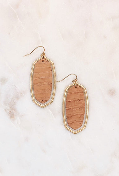 Apalone Drop Earrings in Tan Leather, gold oval hollow earrings with stamped out tan snakeskin leather insert - Kendra scott dupe 