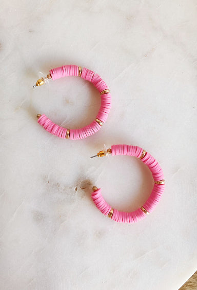 Away to the Islands Hoop Earring, Medium size hoop with hot pink reign discs and gold beads