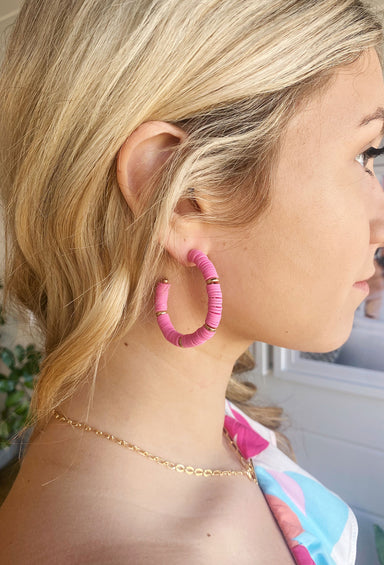 Away to the Islands Hoop Earring, Medium size hoop with hot pink reign discs and gold beads