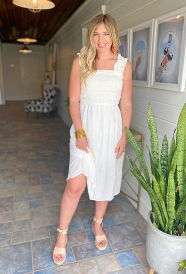 Barbados Bound Midi Dress, rouched straps, smocked body, off white, underlining